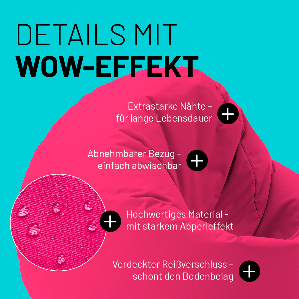 Sitzsack Drops (300 L) - Pink, langlebig mit extrastarken Nähten, abnehmbarem Bezug, wasserabweisendem Material und verdecktem Reißverschluss.