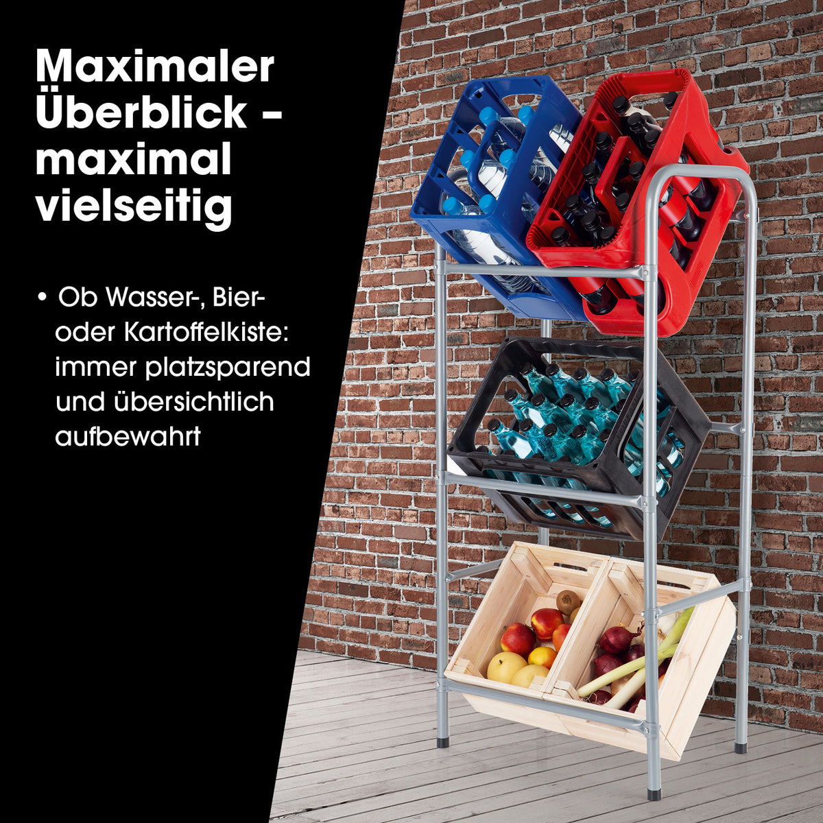 Getränkekistenregal aus Metall für 3 Kästen 2er-Set, platzsparend, stabil, für Getränke- und Obstkisten, übersichtlich und leicht zugänglich.