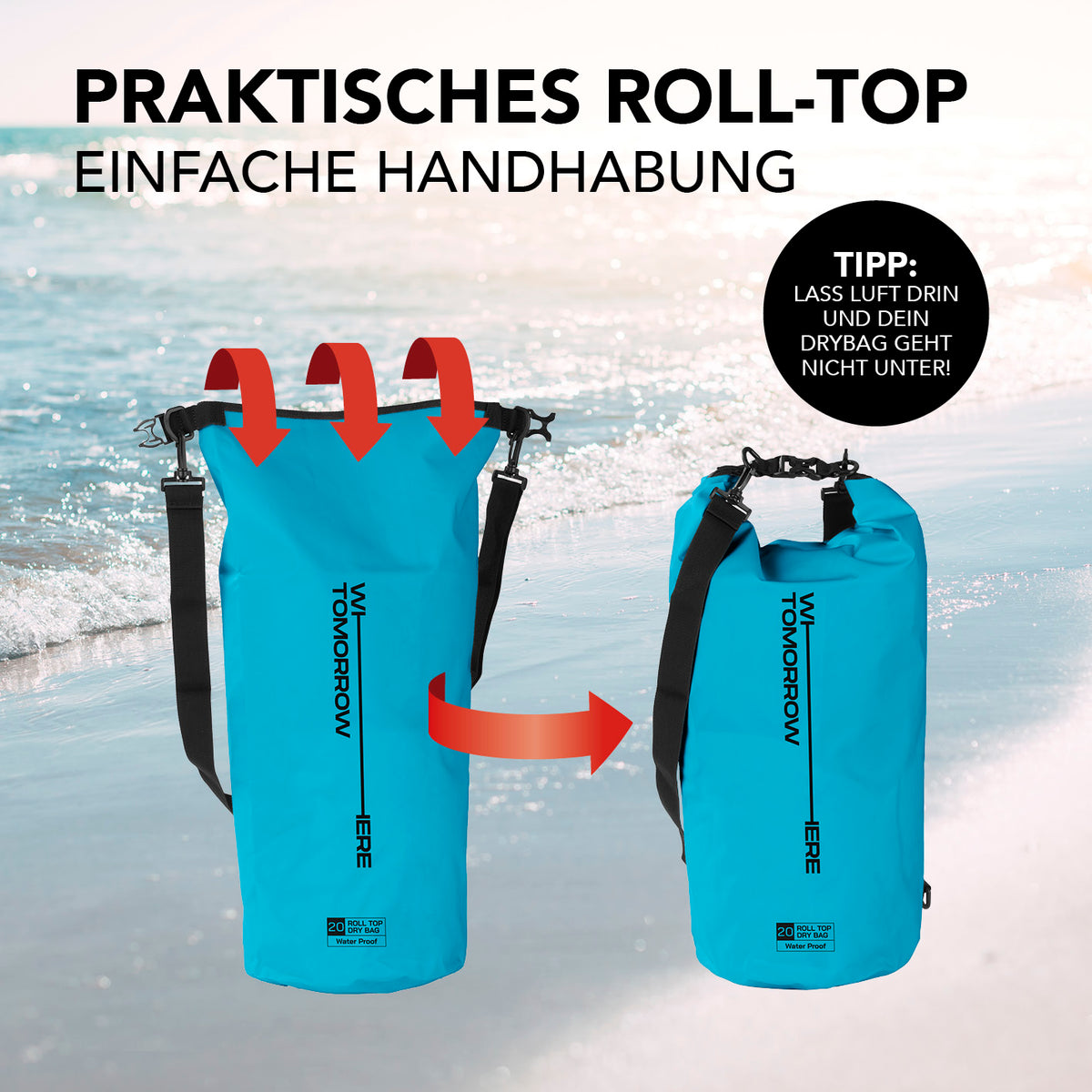 Dry Bag 20L - Style 02 - Himmelblau mit wasserdichtem Rolltop-Verschluss, ideal für Outdoor-Abenteuer und sichere Aufbewahrung.