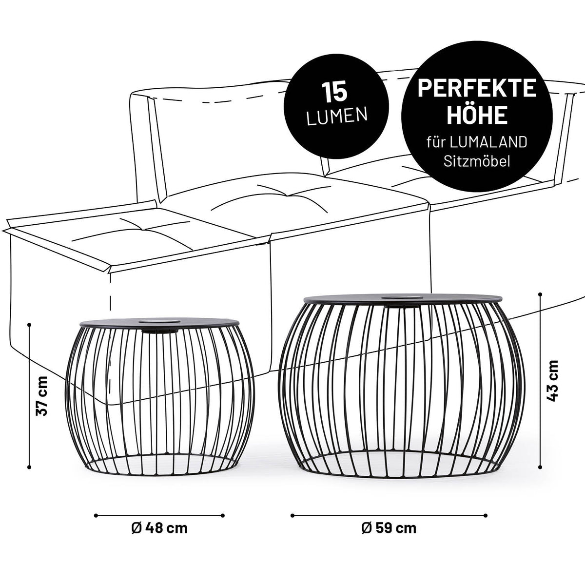Beistelltisch - 2er-Set mit Solar-LED, 59x43 cm & 48x37 cm, wetterbeständig, perfekt zu LUMALAND Sitzmöbeln, Indoor & Outdoor.