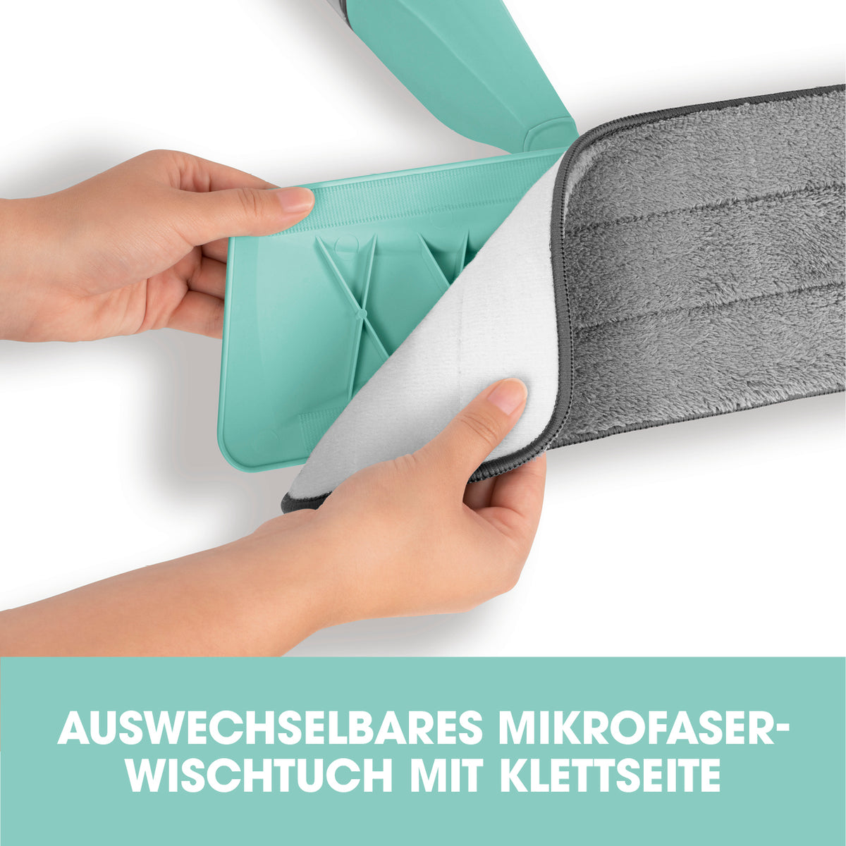 Spray-Mopp - 400 ml Wassertank - türkis mit abnehmbarem Mikrofaser-Wischtuch und Klettseite für einfache Reinigung.