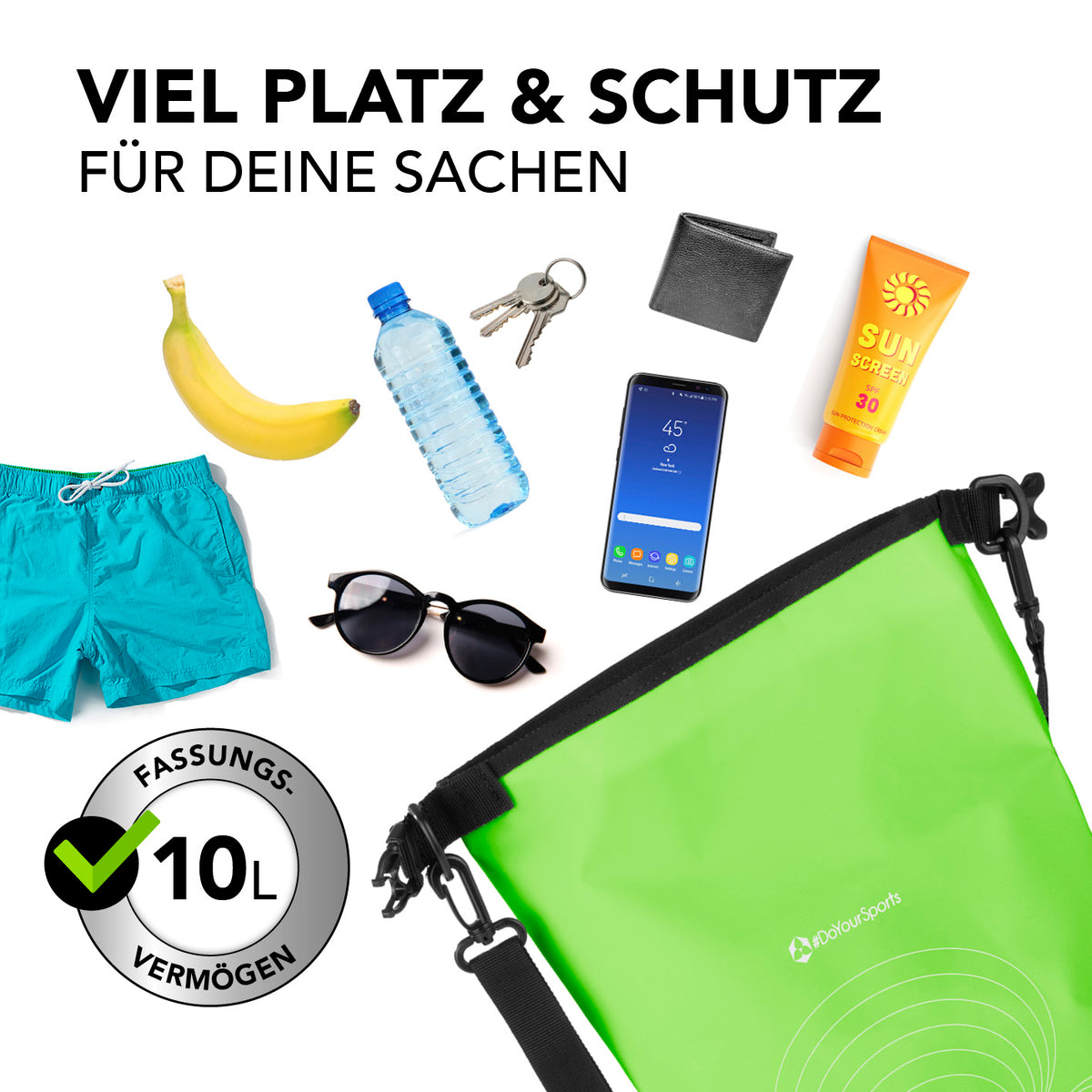 Dry Bag 10L - Grün wasserdichter Rucksack mit 10L Fassungsvermögen, ideal für Outdoor-Abenteuer und Schutz deiner Wertsachen.