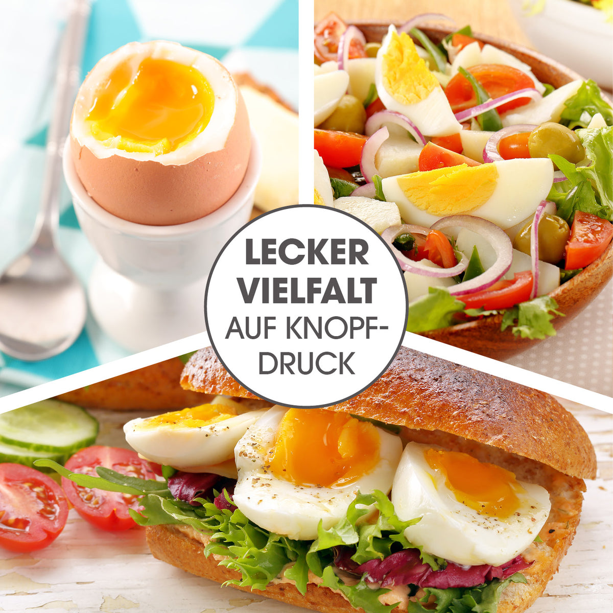 Eierkocher Kompakt 2.0 mit weichen und hart gekochten Eiern perfekt für Frühstück und Salate, modernes kompaktes Design.