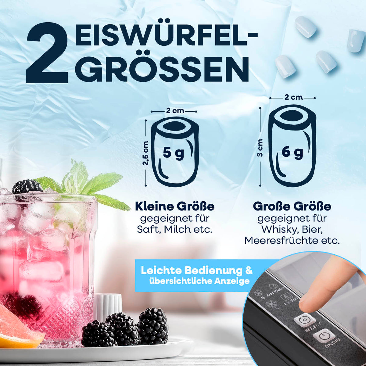 Eiswürfelmaschine inkl. Auffangbehälter & Eisschaufel mit 2 Eiswürfelgrößen, einfache Bedienung und übersichtliche Anzeige.