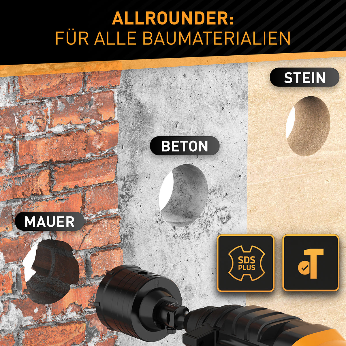 Kronenbohrer - 82mm + SDS-Plus-Adapter, Allrounder für Mauer, Beton und Stein, inkl. SDS Plus Adapter.