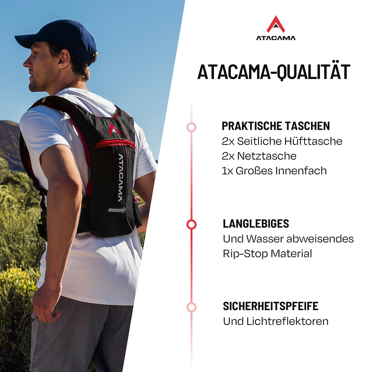 Trinkrucksack für 2 L Trinkblase - Rot mit praktischen Taschen, langlebigem Material und Sicherheitsreflektoren für Outdoor-Sportarten.
