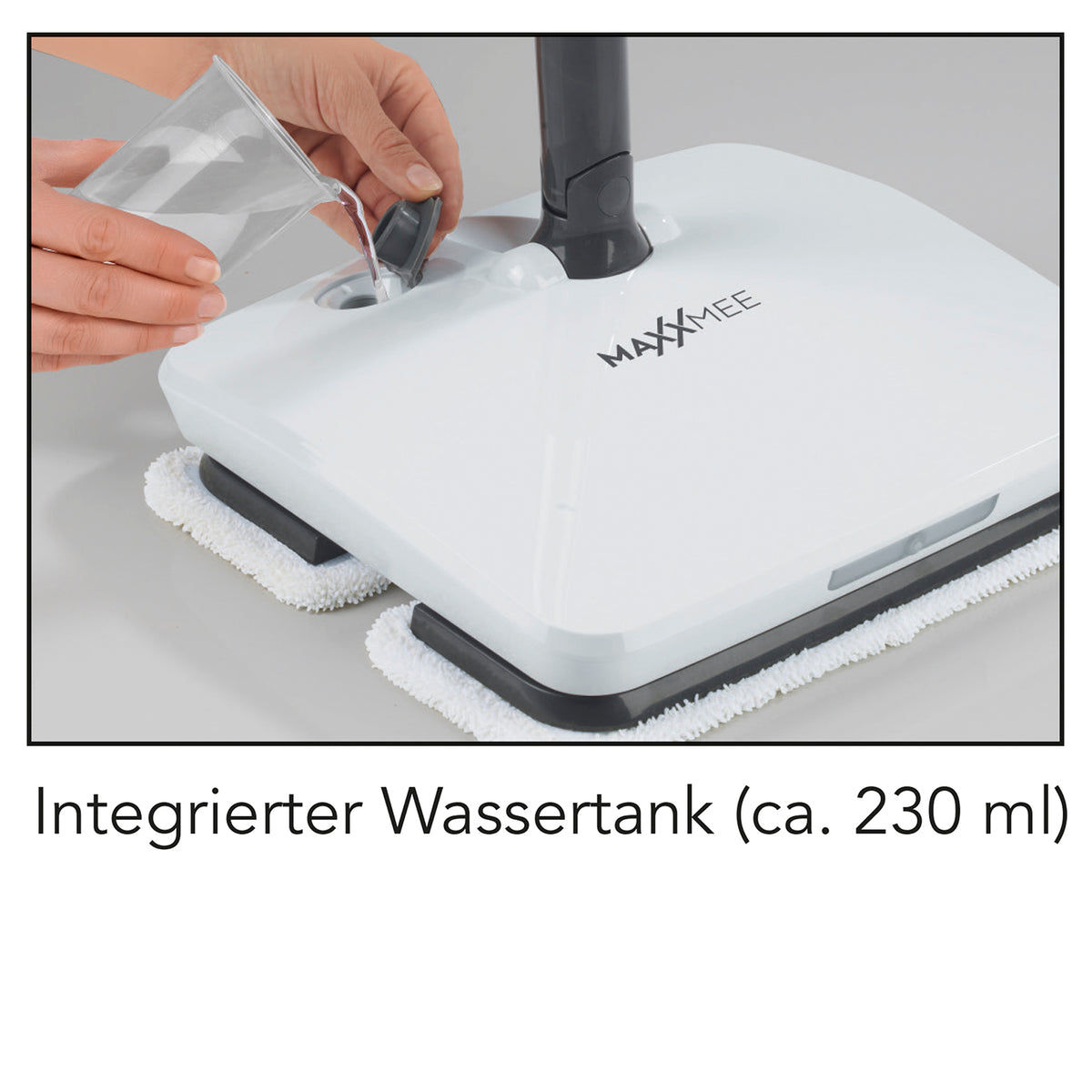 Akku-Vibrationsmopp mit Sprühfunktion - grau mit integriertem Wassertank für kabelloses und effizientes Wischen ohne Eimer.