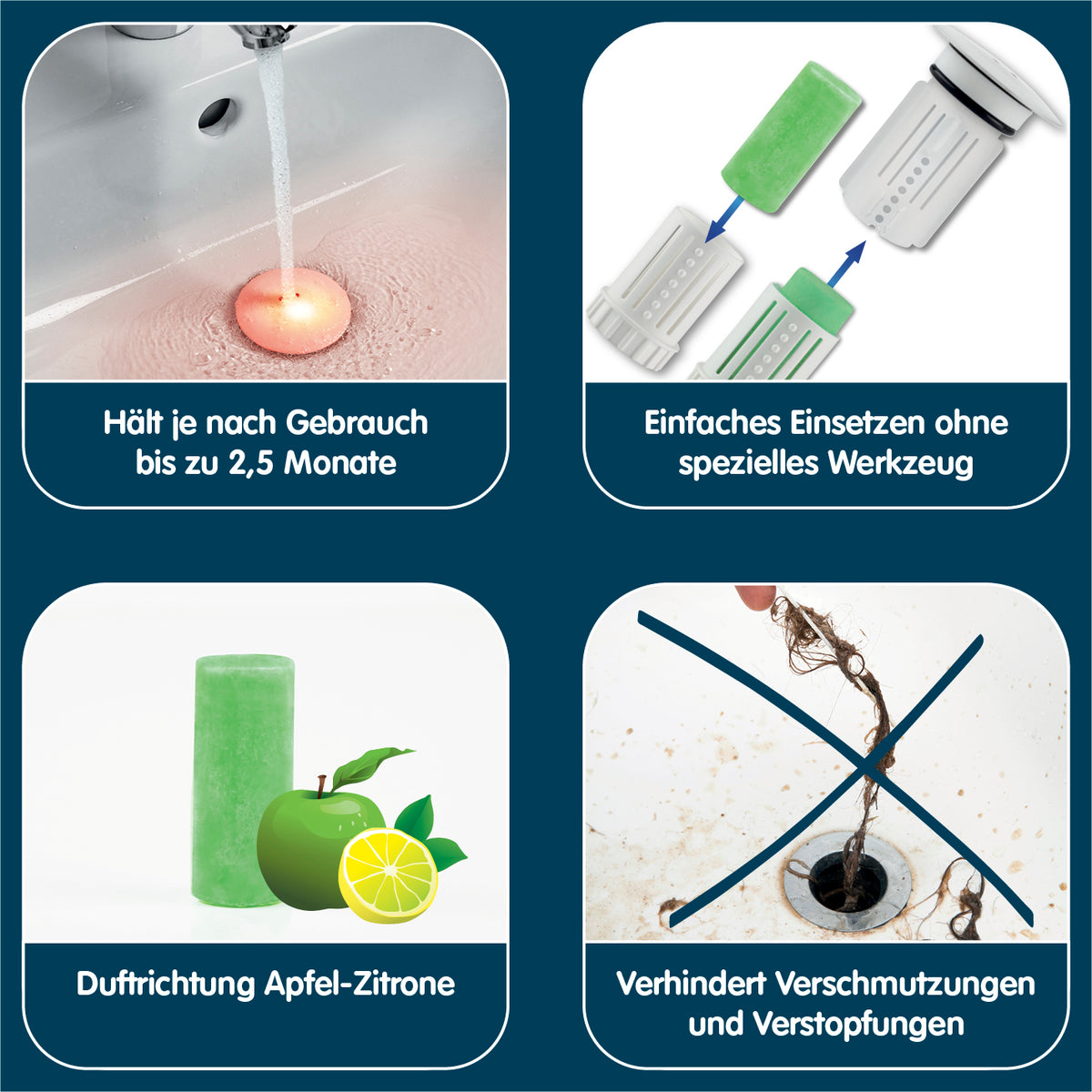 Abfluss-Fee Duftstein für LED-Abflussstopfen mit Apfel-Zitrone Duft, verhindert Verschmutzungen und Verstopfungen, bis zu 2,5 Monate haltbar.