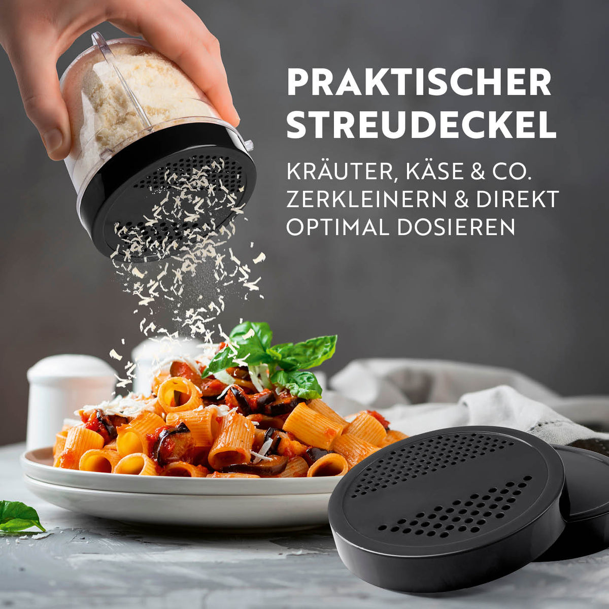Mr. Magic Power 400 Pro mit Zubehörset L - Silber/Schwarz mit praktischem Streudeckel für Kräuter und Käse direkt auf Pasta dosieren.