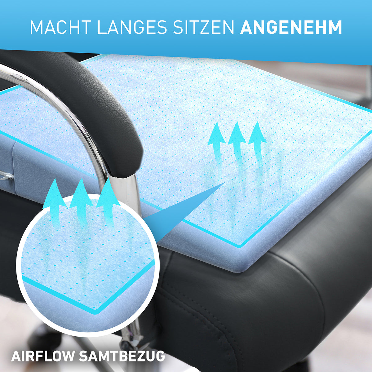 Stuhl-Keilkissen mit Samtbezug - Blau mit atmungsaktivem Airflow-Bezug für komfortables und langes Sitzen ohne Rutschen.