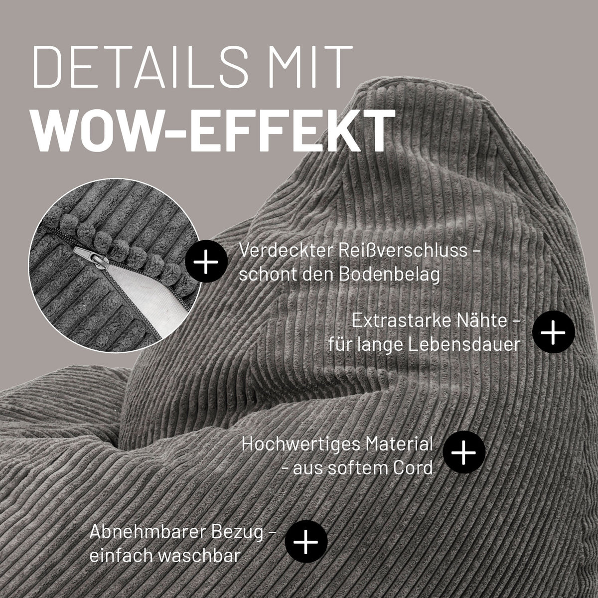Sitzsack GIANT aus der Cord-Reihe - Grau mit weichem Cord, verdecktem Reißverschluss, abnehmbarem Bezug und robusten Nähten.