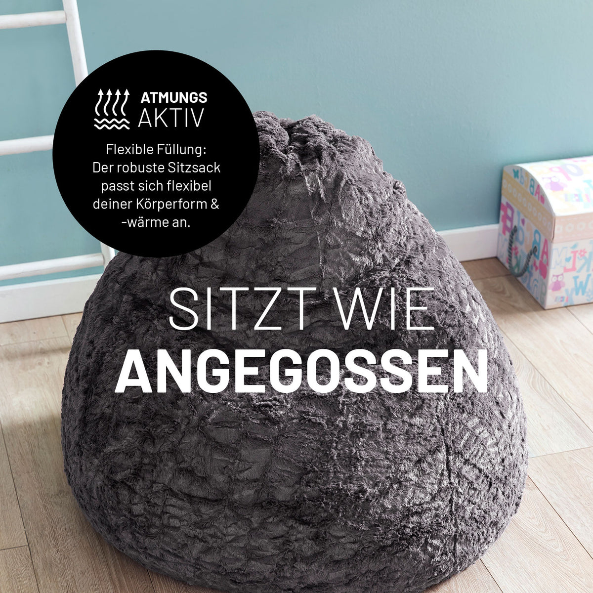 Luxury Fluffy Sitzsack (120 L) in Grau aus weichem Webplüsch mit flexibler Füllung für optimalen Sitzkomfort und moderne Wohnräume.