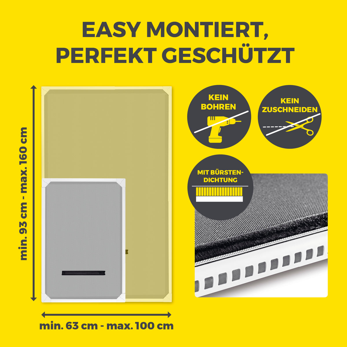Teleskop-Insektenschutzgitter für Dachfenster - 100 x 160 cm, einfach montierbar ohne Bohren, mit Bürstendichtung und variablem Rahmenmaß.