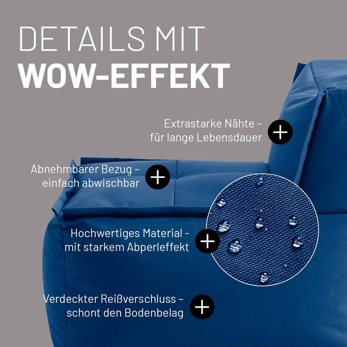 Sitzsack-Sofa Mittelstück (200 L) in Navyblau mit abnehmbarem Bezug, extrastarken Nähten und verdecktem Reißverschluss.