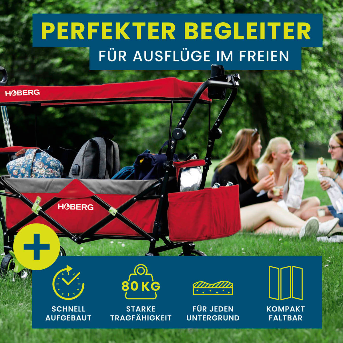 Faltbarer Bollerwagen - Rot von HOBERG, robust, faltbar, 80 kg Tragfähigkeit, mit Dach, ideal für Ausflüge im Freien.