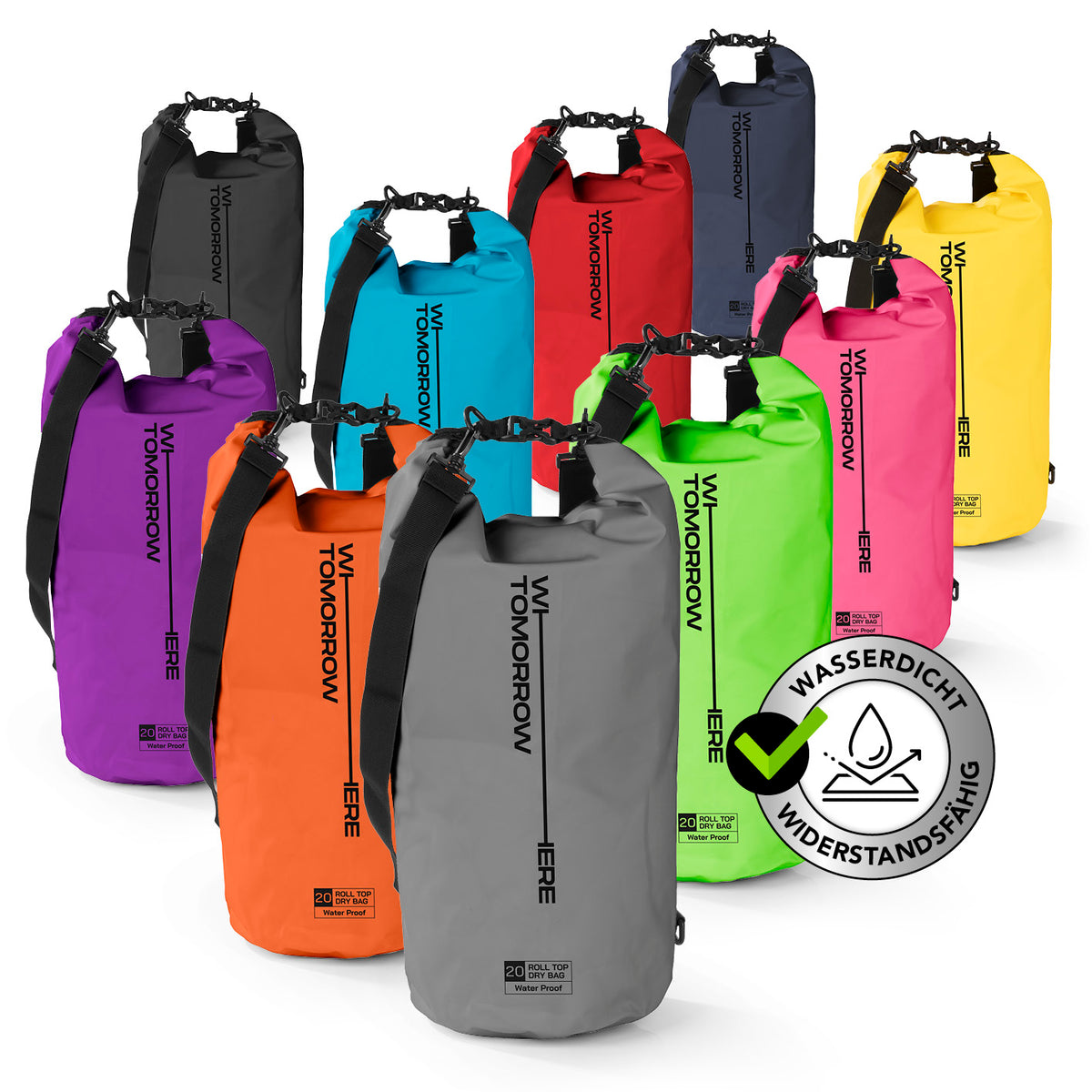 Dry Bag 20L - Style 02 - Grau wasserdichter, robuster Outdoor-Rucksack mit Rolltop-Verschluss und verstellbarem Schultergurt.