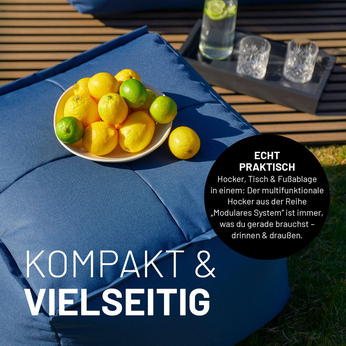Sitzsack-Hocker (200 L) Grau, modulares System, vielseitig als Hocker, Tisch und Fußablage, für indoor & outdoor geeignet.