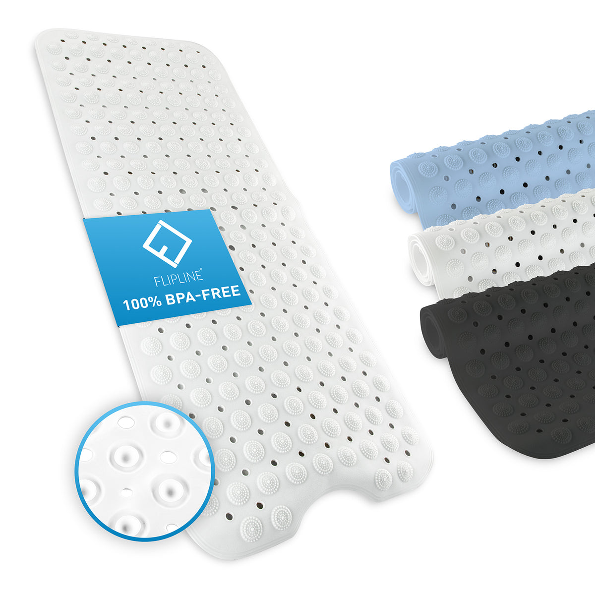 Badewannenmatte - Weiß - 100 x 40 cm aus BPA-freiem TPE mit Antirutsch-Oberfläche und 200 Flex-Saugnoppen für sicheren Halt.