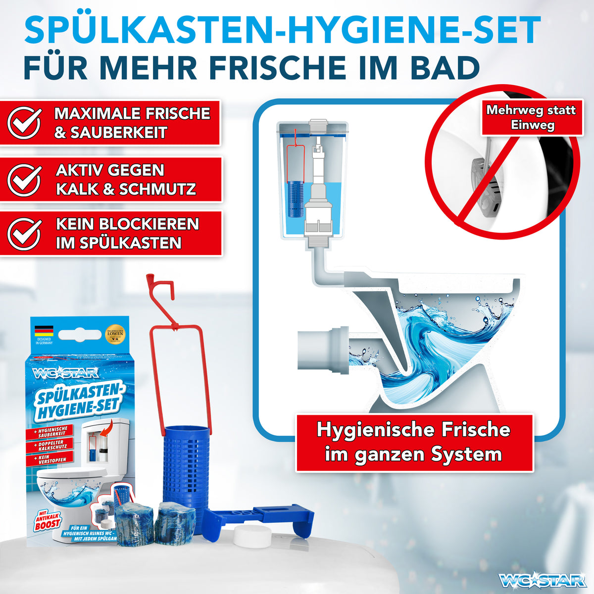WC-Star Nachfüll-Set (8x Spülkasten-Tab + 4x Antikalk-Tab) für hygienische Frische und Anti-Kalk-Boost im Spülkastensystem.