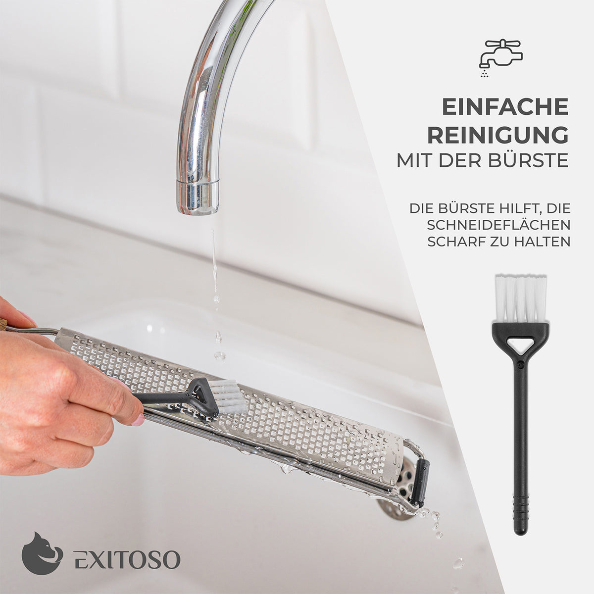 Küchenreibe 2in1 Set - Edelstahl mit Holzgriff, Reinigung der scharfen Klinge mit passender Bürste unter fließendem Wasser.