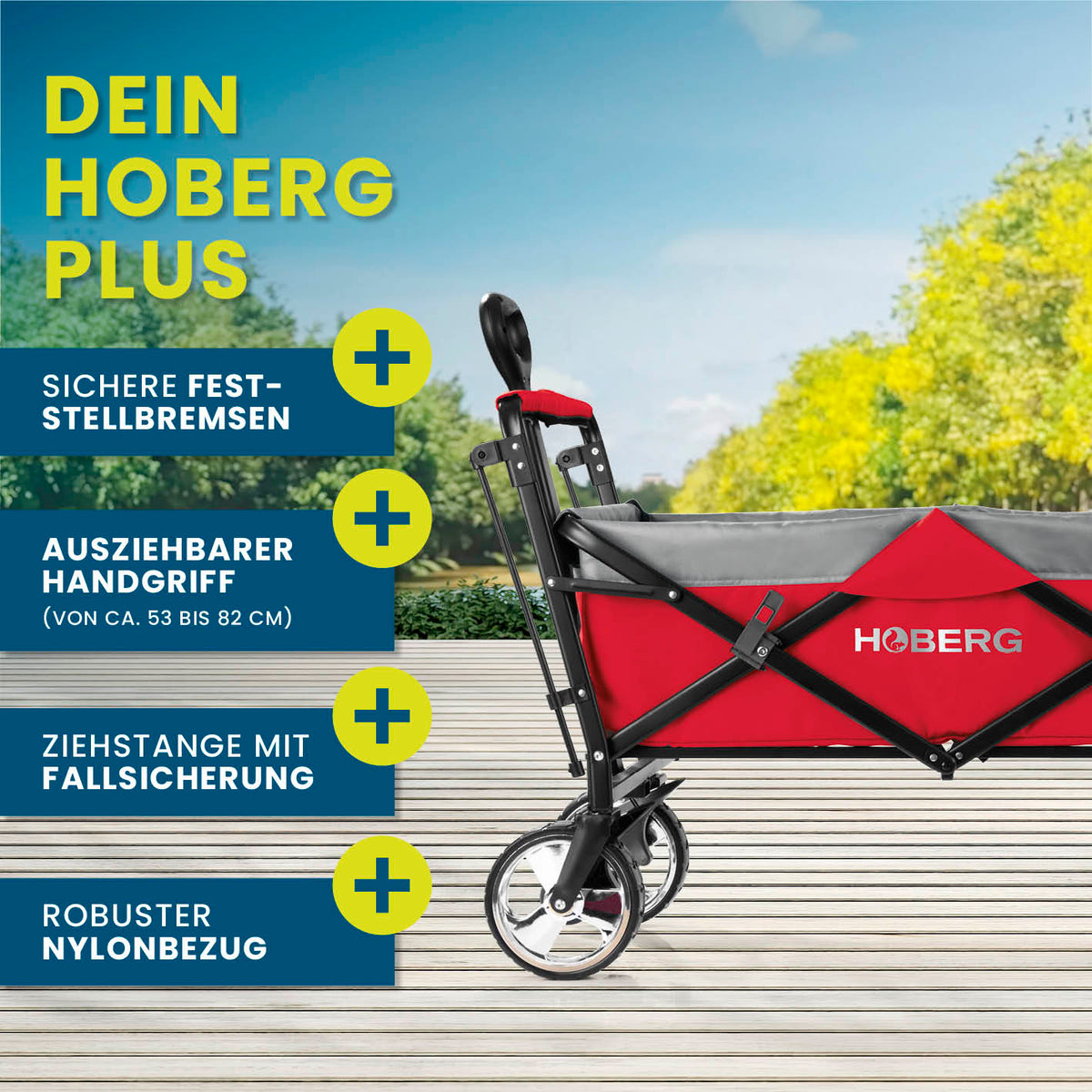 Faltbarer Bollerwagen - Rot mit sicherer Feststellbremse, ausziehbarem Handgriff, Fallsicherung und robustem Nylonbezug von HOBERG.