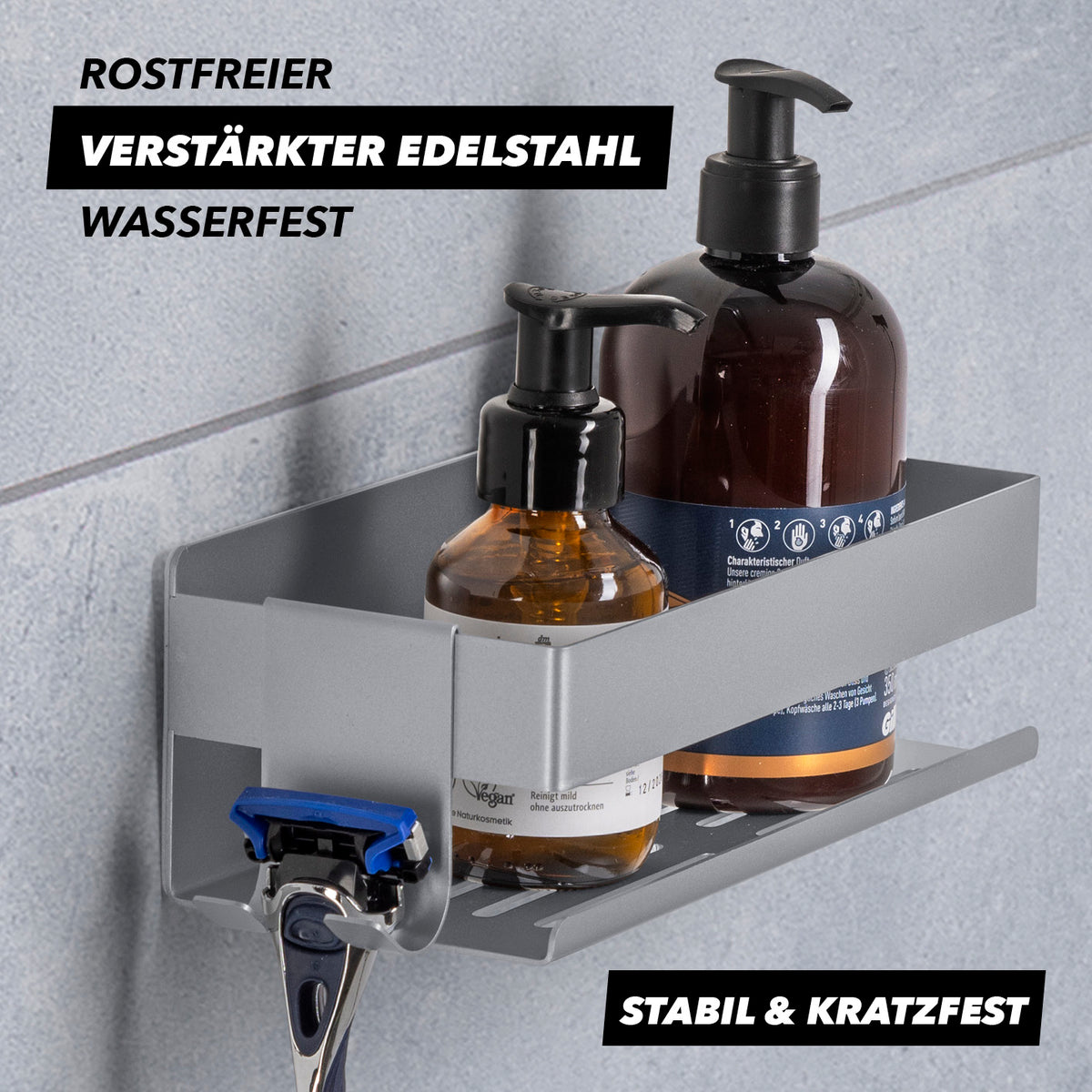 Dusch-Organizer zum Kleben oder Bohren - Silber aus rostfreiem Edelstahl, wasserfest, stabil, platzsparend mit Hakenleiste für Duschutensilien.