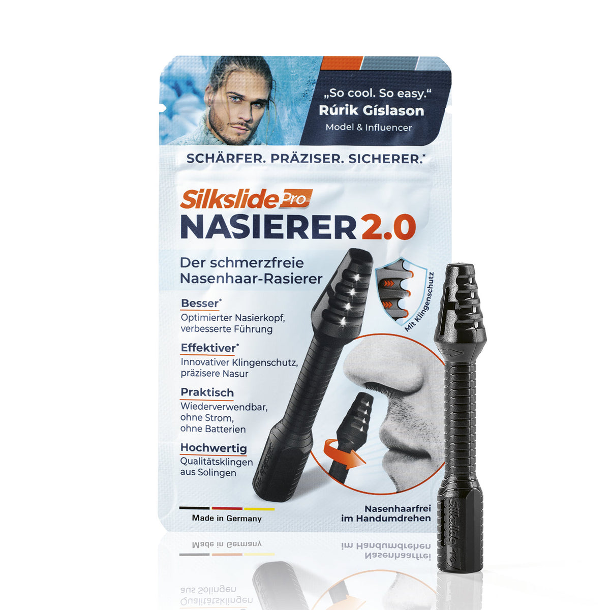 Nasenhaartrimmer - Nasierer 2.0 mit optimiertem Kopf, Klingenschutz und Solinger Qualitätsklingen für präzise, schmerzfreie Nasur ohne Strom.