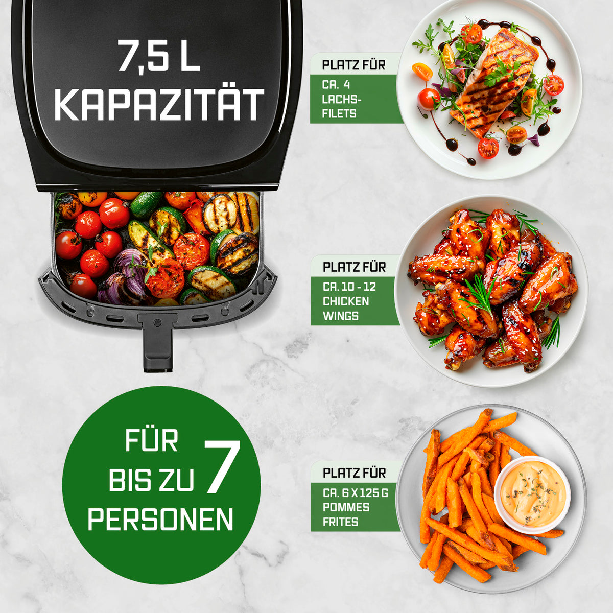 Heißluftfritteuse - 7,5 Liter mit viel Platz für bis zu 7 Personen, geeignet für Lachsfilets, Chicken Wings und Pommes Frites.