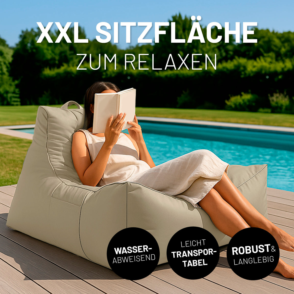 Premium Lounge-Sessel - 380 L - 100 x 100 x 80 cm - Beige mit XXL Sitzfläche, wasserabweisend, leicht transportabel und robust für Innen und Außenbereich.