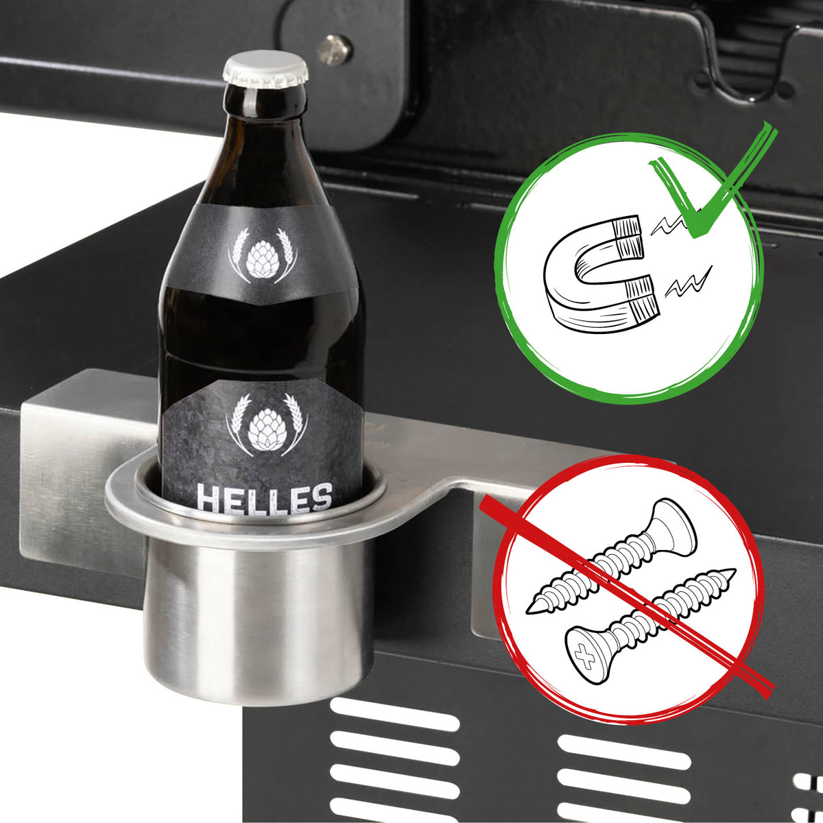 Magnet-Flaschenhalter für Grill aus Edelstahl hält 0,33 & 0,5 L Flaschen sicher, magnetisch und flexibel an Grill oder Kühlschrank.