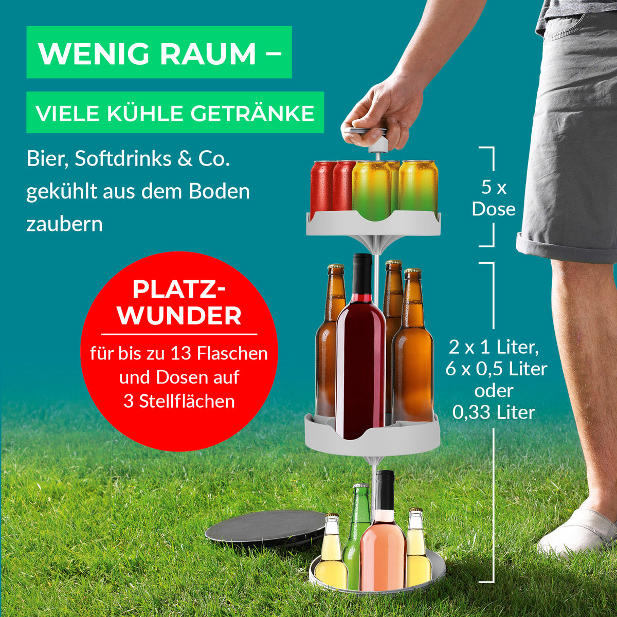 Outdoor-Flaschenkühler mit 3 Stellflächen für bis zu 13 Flaschen, ideal für gekühlte Getränke ohne Strom im Garten oder beim Grillen.