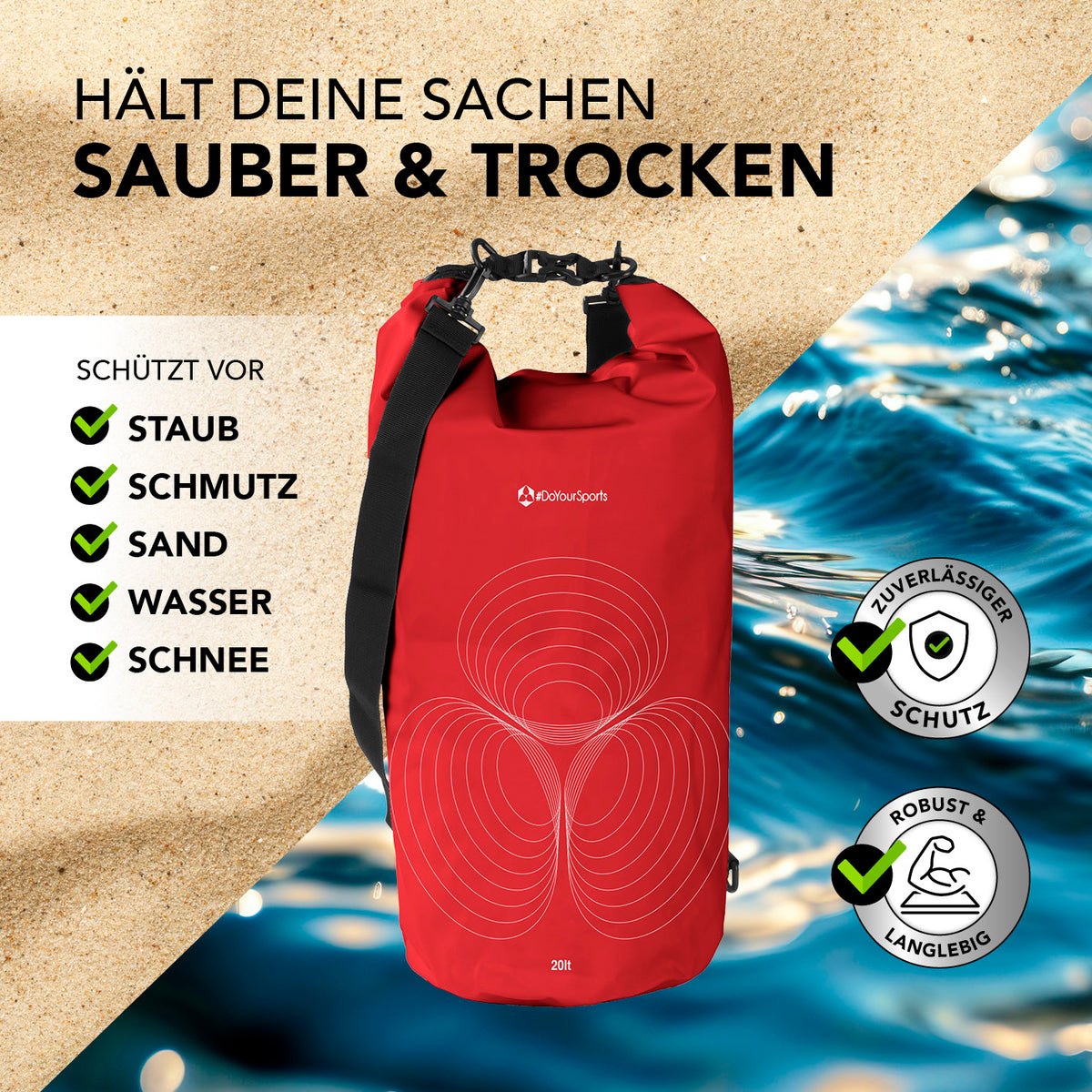 Dry Bag 20L - Rot, wasserdichter und robuster Outdoor-Rucksack mit Rolltop-Schutz für staub- und wasserdichten Transport.
