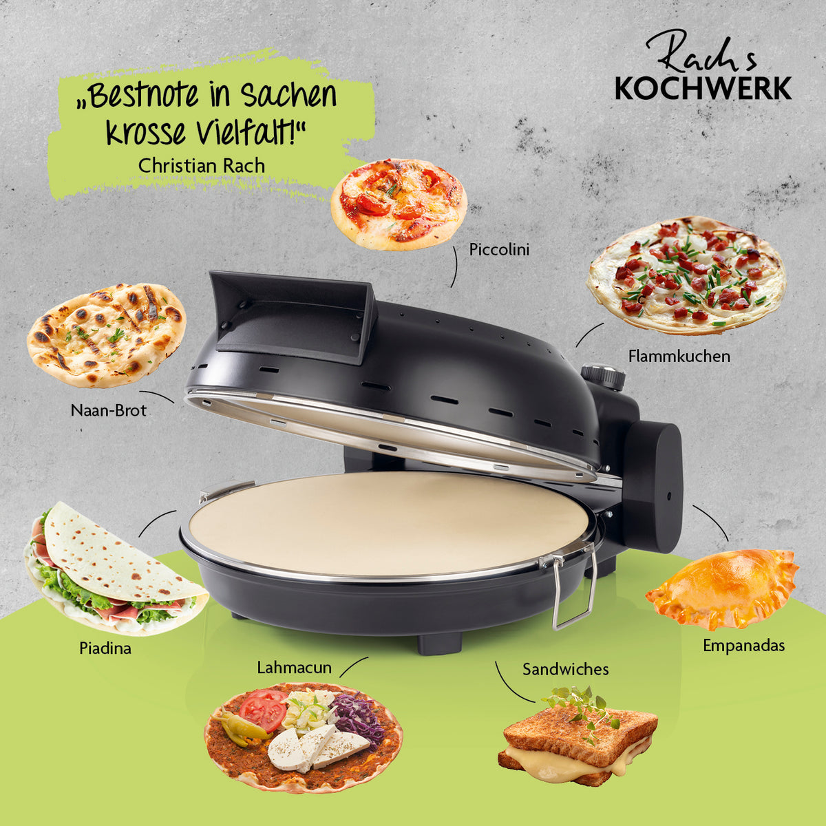 Pizza Maker mit Temperatureinstellung inkl. herausnehmbarem Pizzastein - schwarz matt, ideal für Pizza, Flammkuchen und mehr.