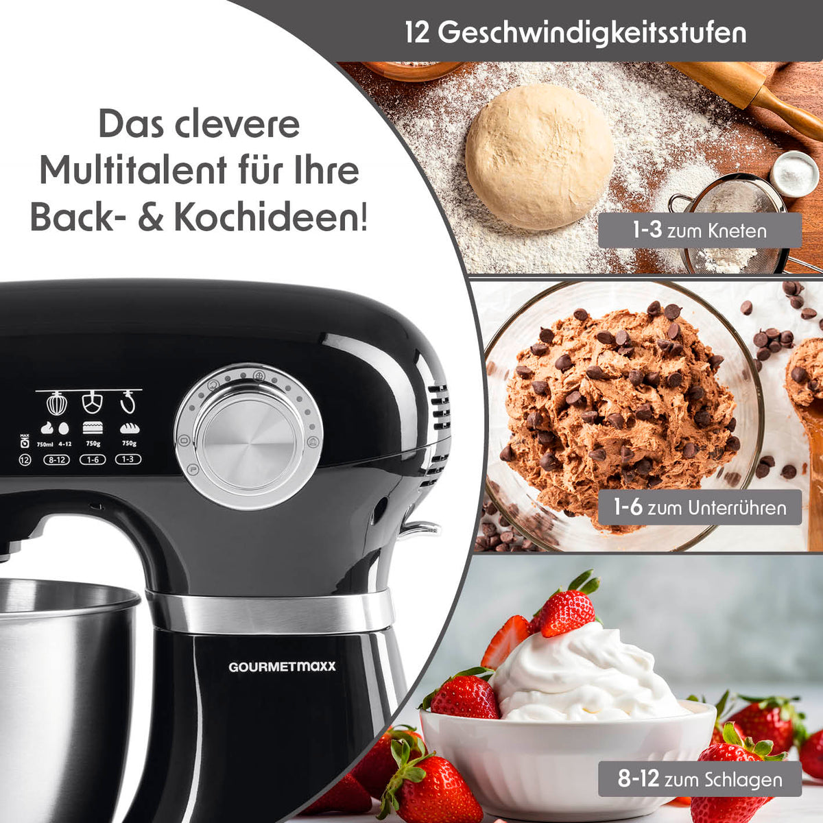 Küchenmaschine mit 1000 W Motor, 12 Geschwindigkeitsstufen, Edelstahlrührschüssel und vielfältigen Rühraufsätzen für Back- und Kochideen.