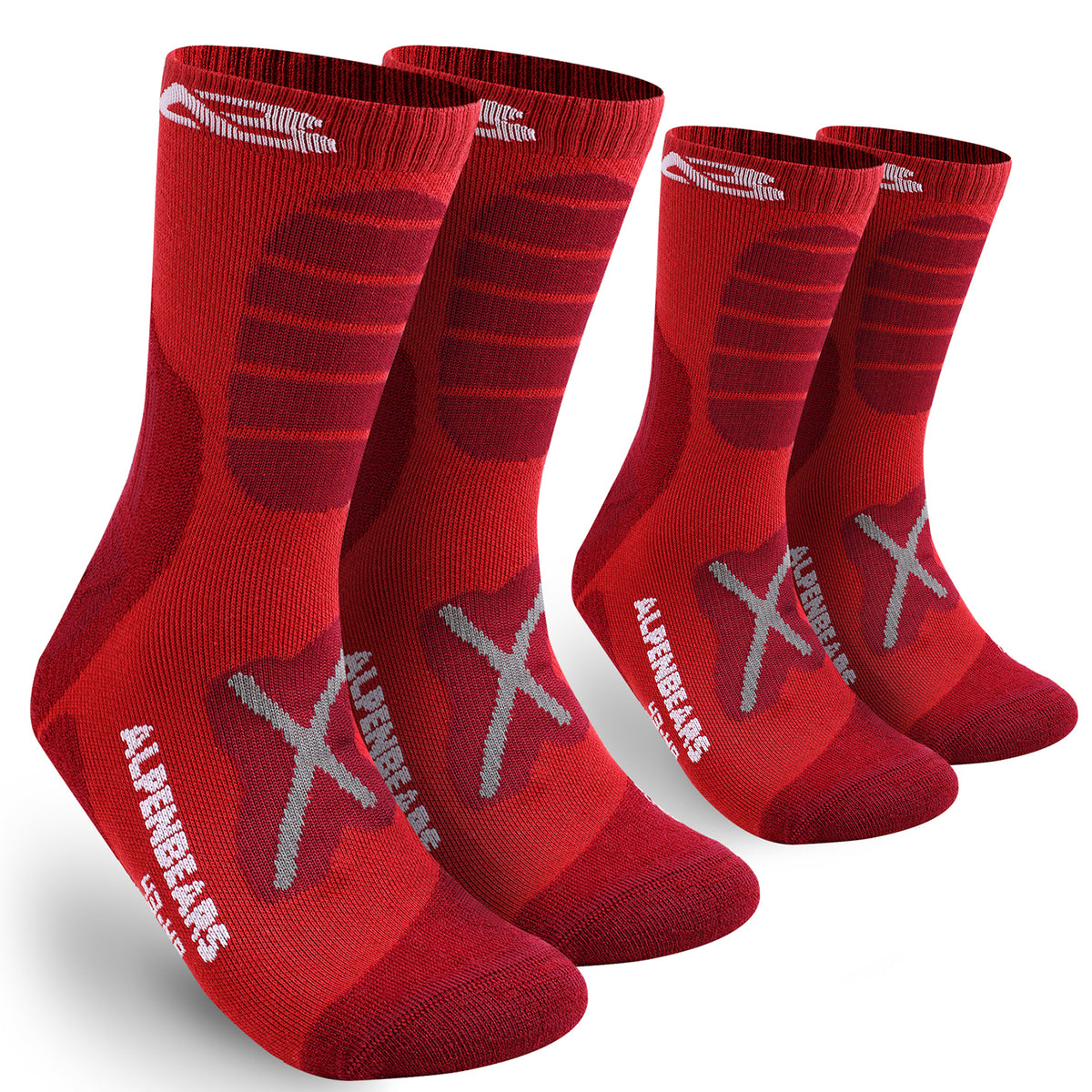 Wandersocken Merino Wolle - 2er-Set - Rot - Größe 43-48 mit Polsterung für optimalen Komfort und Blasenminimierung beim Wandern.