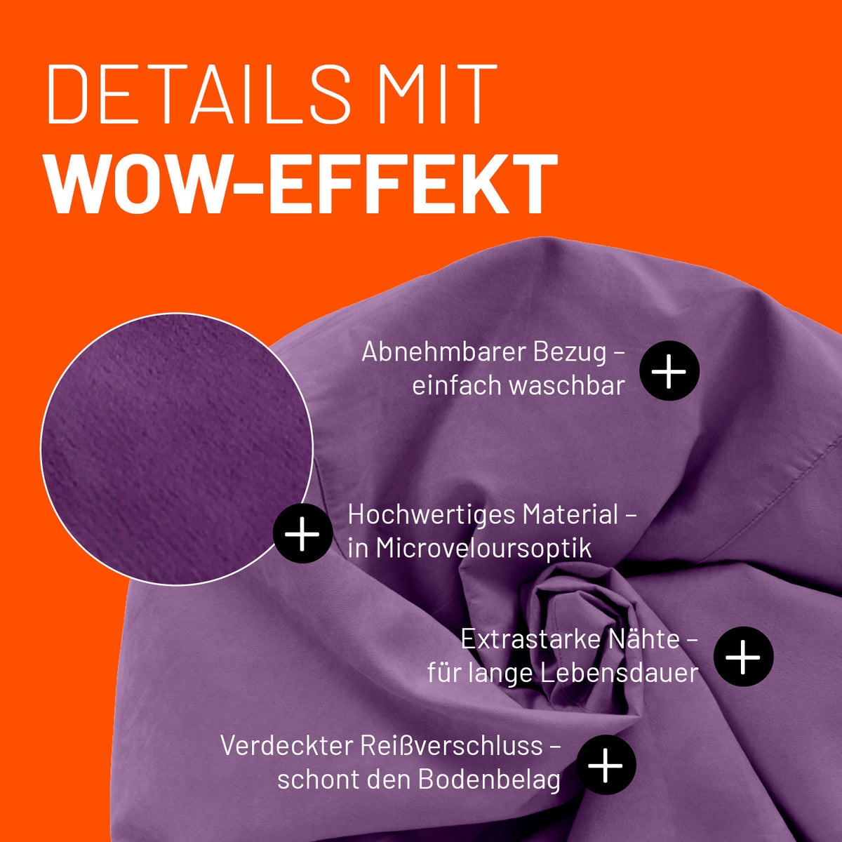 Luxury XL Sitzsack (120 L) - indoor - Lila mit abnehmbarem Bezug, Microveloursoptik und extrastarken Nähten für langanhaltende Qualität.