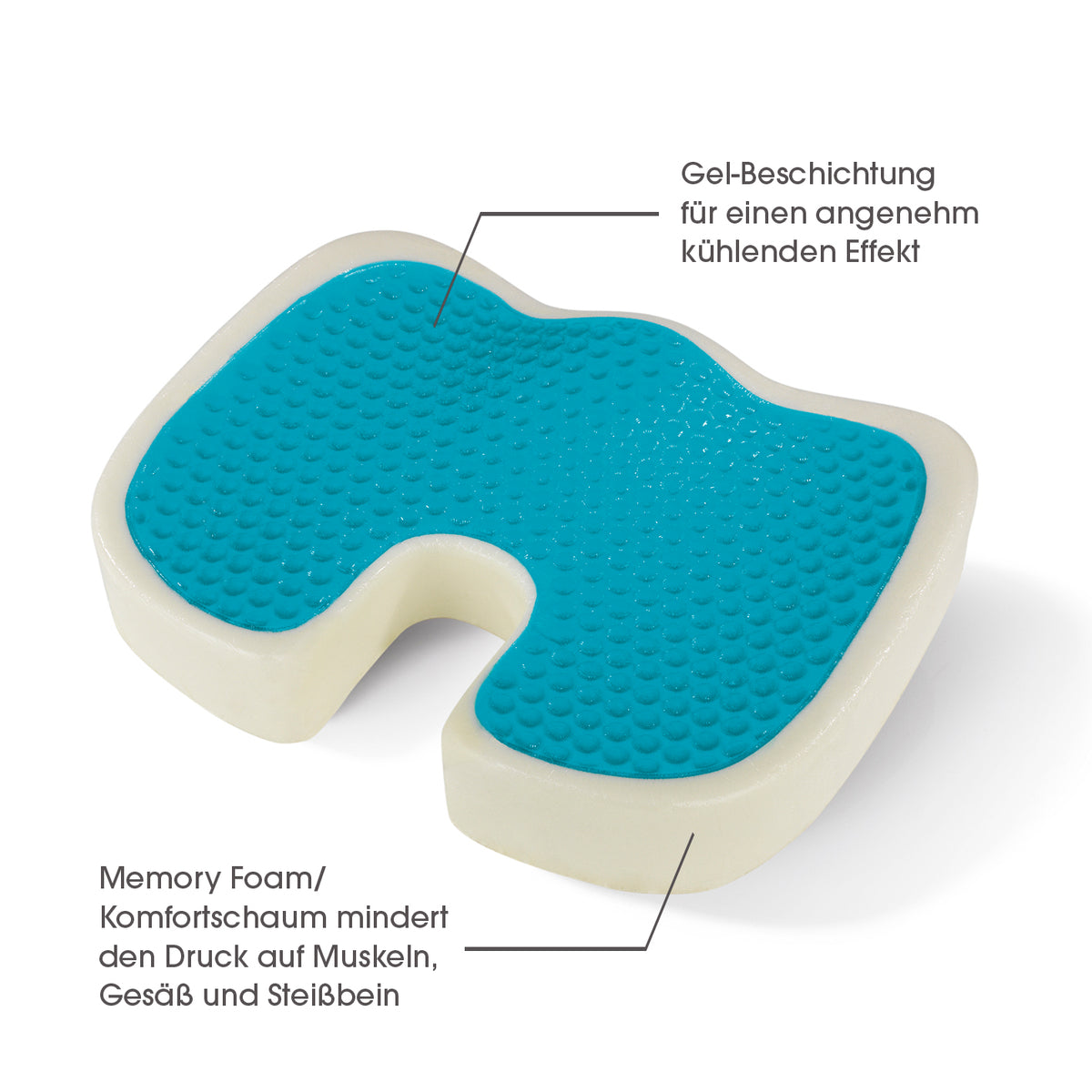 Ergonomisches Gel-Sitzkissen inkl. Fleecebezug - grau mit Memory-Foam und kühlender Gel-Beschichtung für individuellen Sitzkomfort.