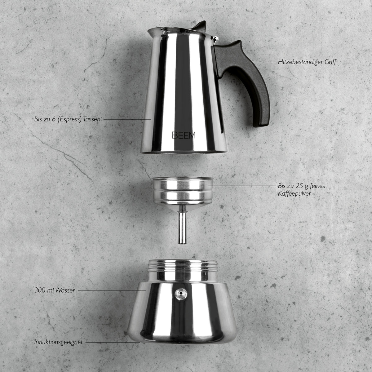 ESPRESSOMAKER - Espressokocher - 6 Tassen aus Edelstahl, induktionsgeeignet, mit hitzebeständigem Griff, für aromatischen Espresso bis 6 Tassen.