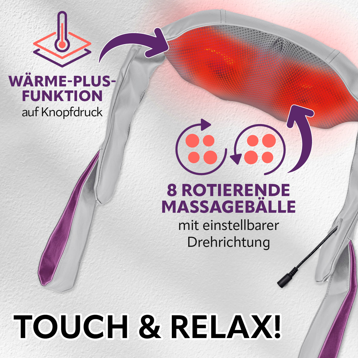 Shiatsu-Massagegerät mit 8 drehenden Massagebällen und Wärmefunktion für entspannende Druck- und Knetmassage am ganzen Körper.