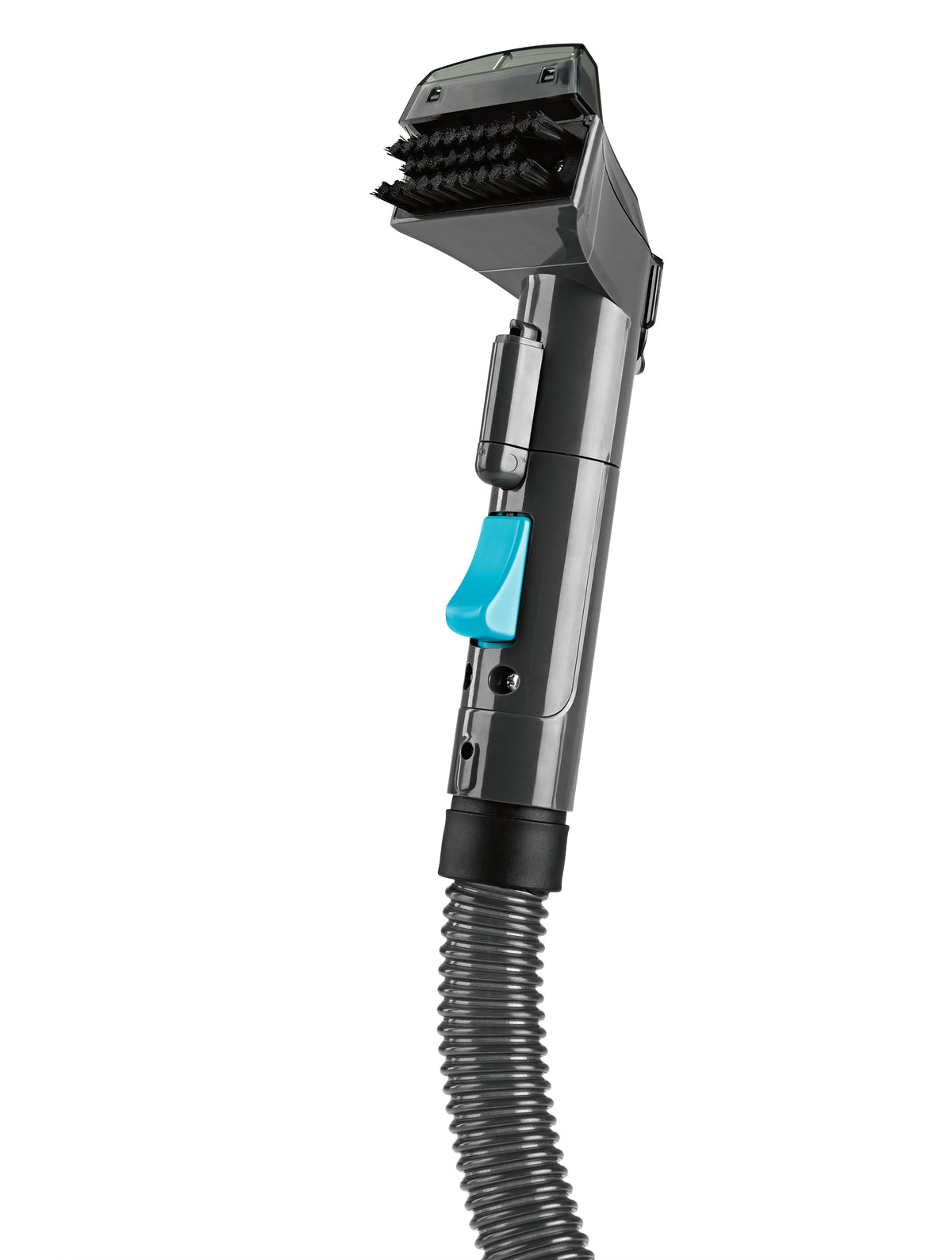 Polster- & Teppichreiniger Kompakt - Grau/Blau Bürstendüse mit ergonomischem Griff und flexiblem Schlauch zur gründlichen Teppichreinigung.