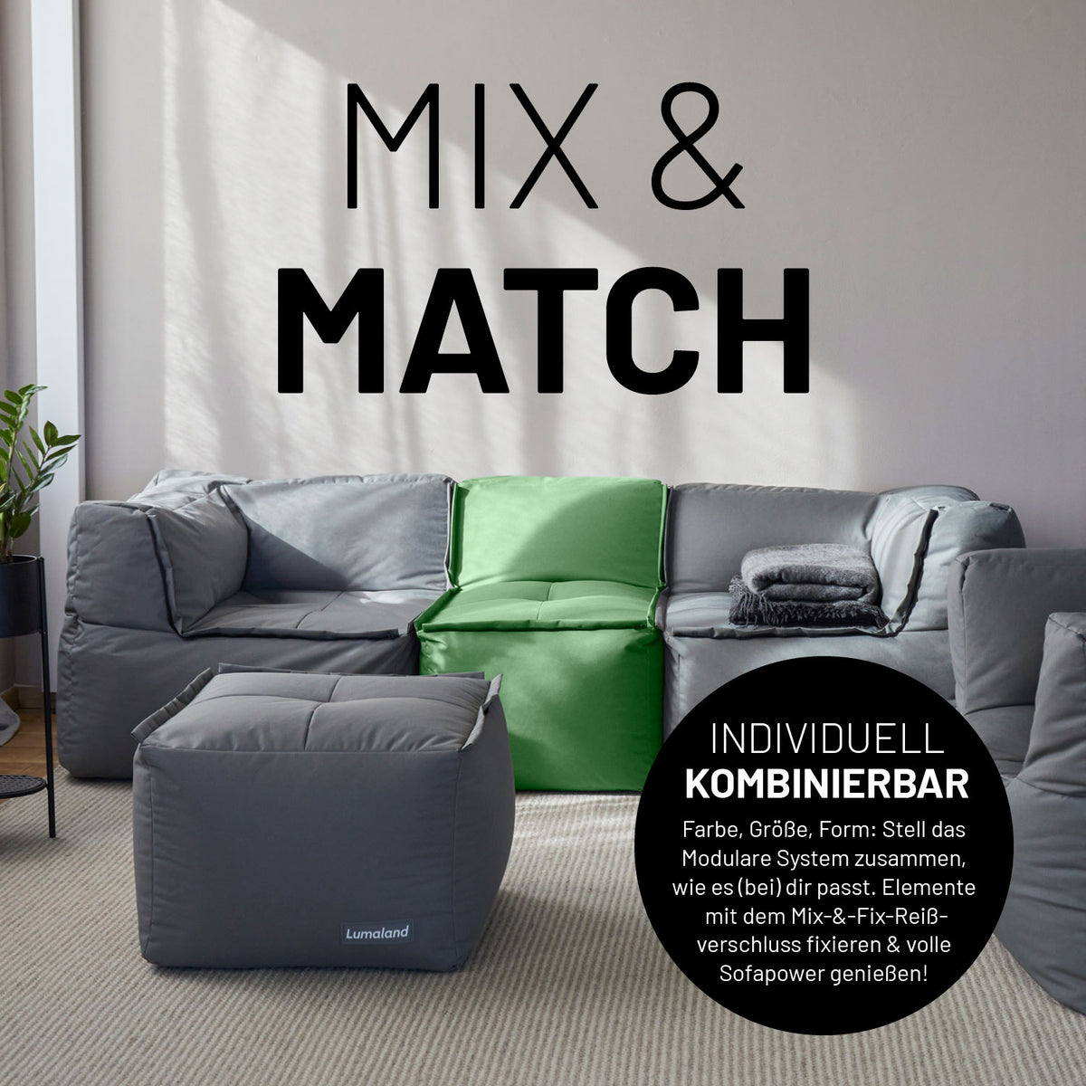 Sitzsack-Hocker (200 L) - Modulares System - indoor & outdoor - Pastell Grün, vielseitig kombinierbar mit Mix-&-Fix-Reißverschluss.