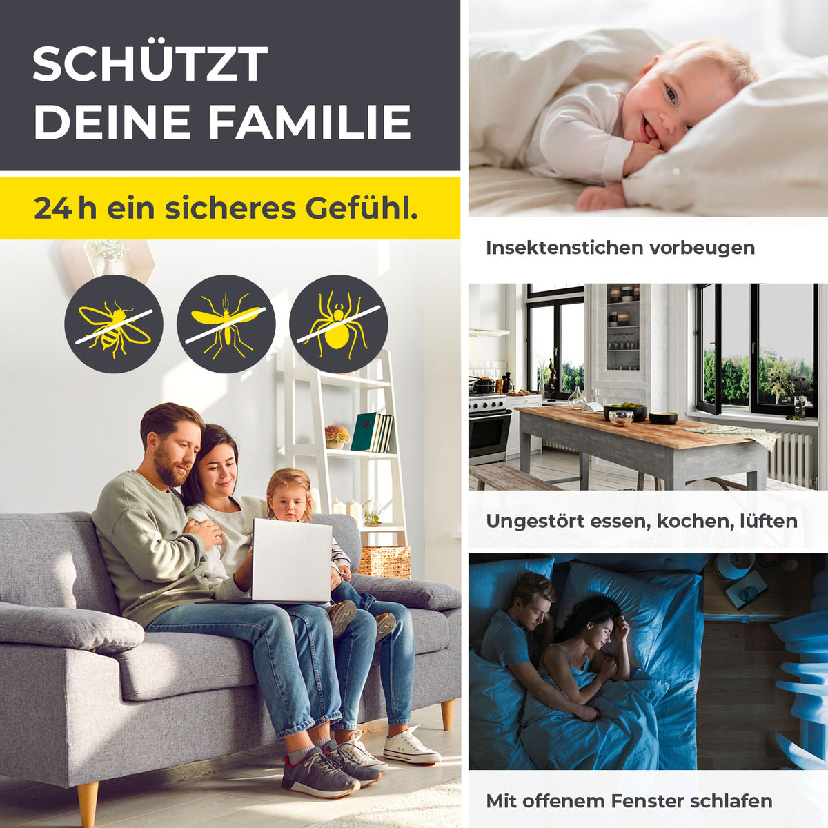 Insektenschutzvorhang mit eingenähten XXL-Magnetbändern 100x210 cm Schwarz schützt Familie vor Insekten bei offenem Fenster.