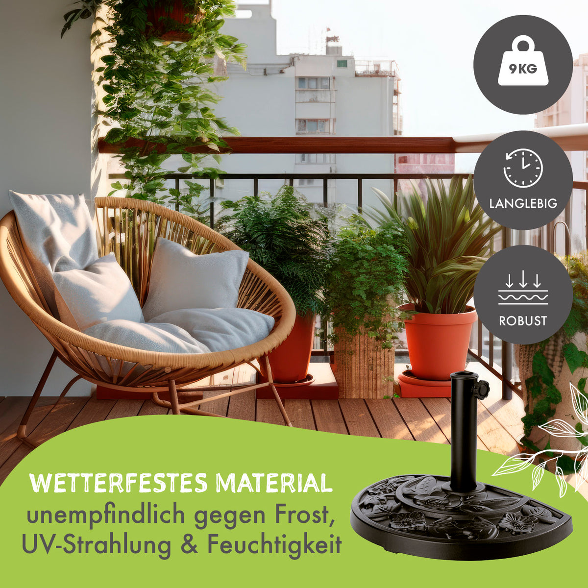 Sonnenschirmfuß Guß-Optik - Schwarz, halbrund, wetterfest, robust und langlebig, ideal für kleine Balkone und halbrunde Sonnenschirme.