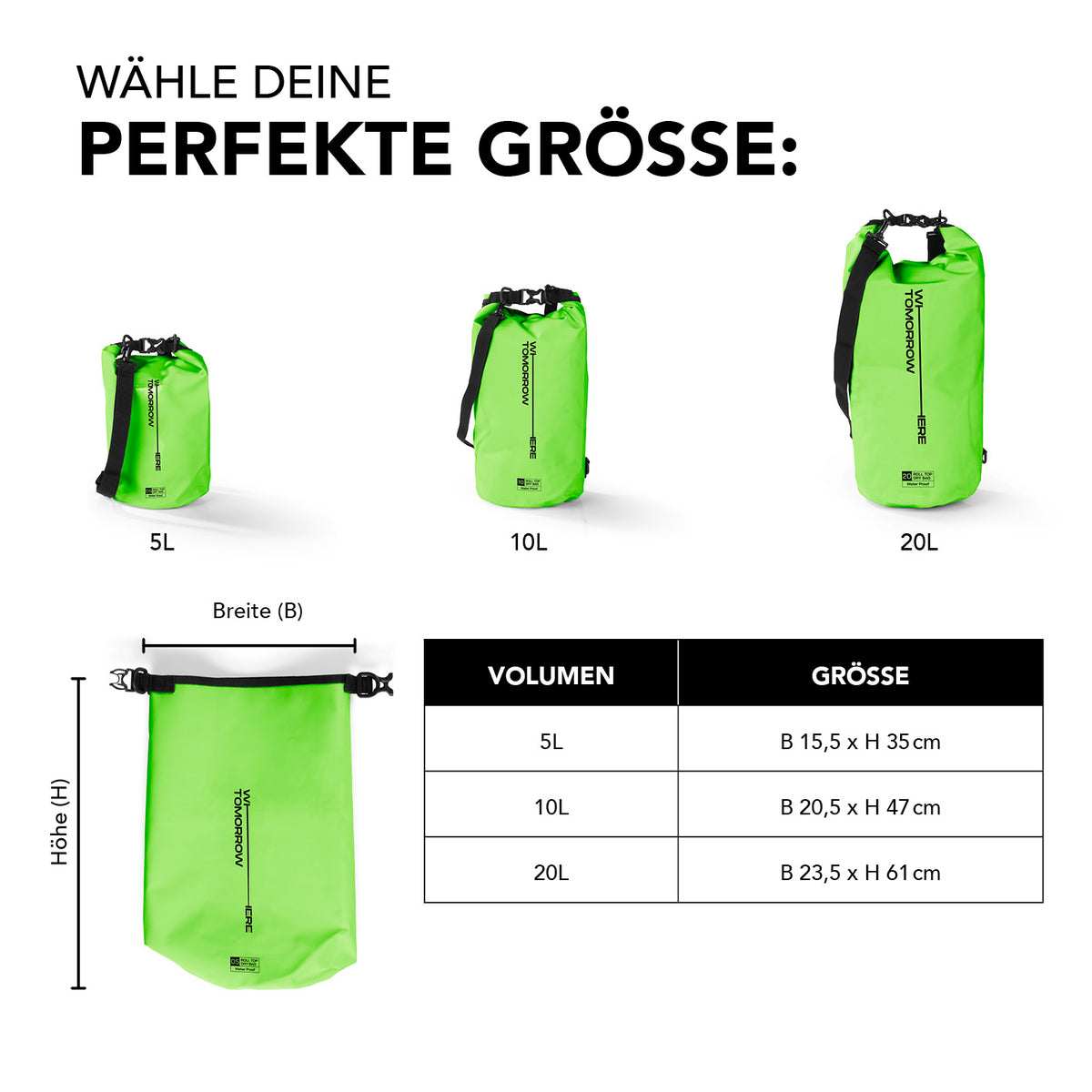Dry Bag 10L - Style 02 - Grün, wasserdichter Rucksack mit 10 Litern Volumen, Maße 20,5 x 47 cm, ideal für Outdoor-Einsätze.