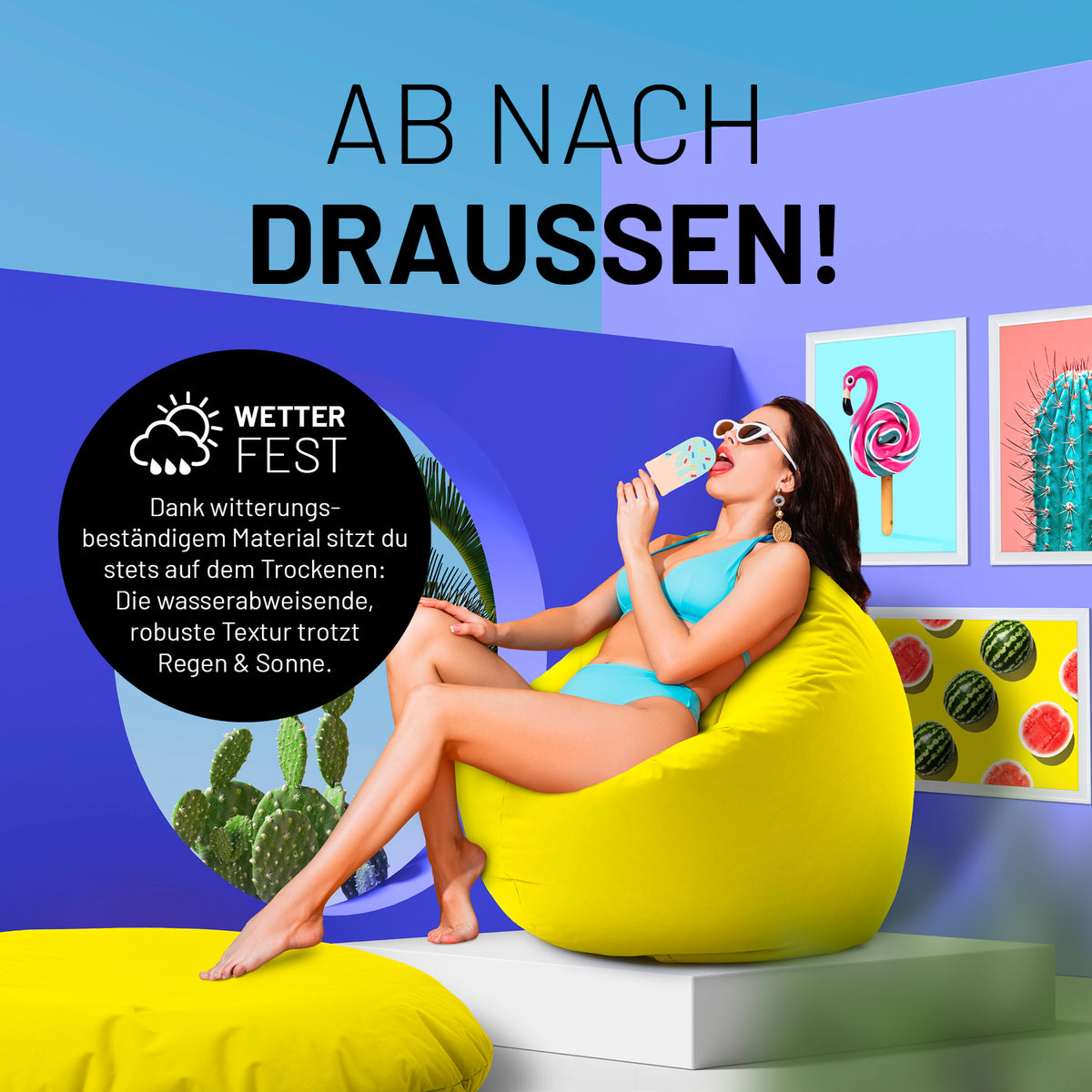 Sitzsack Drops (300 L) Gelb, wetterfest, robust, leicht transportierbar, für drinnen & draußen, mit hochwertiger EPS-Füllung und verdecktem Reißverschluss.