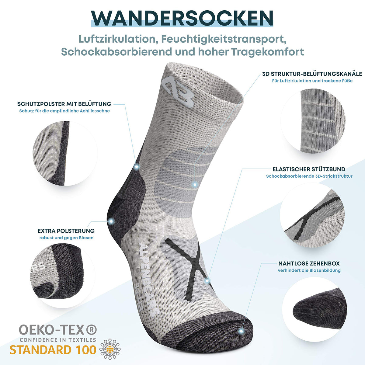 Wandersocken Merinowolle - 2er-Set - Grau - Größe 35-38 mit Belüftung, Polsterung und elastischem Stützbund für hohen Komfort.