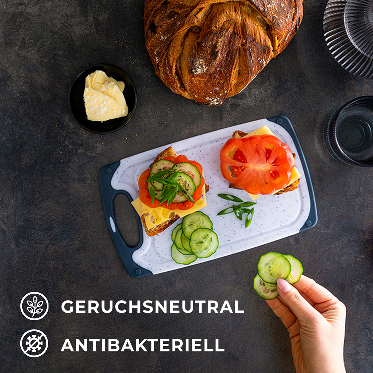 Frühstücksbrettchen - 3er-Set - Marmoroptik Weiß, rutschfest, antibakteriell und geruchsneutral, vielseitig für Frühstück und Schneidearbeiten.