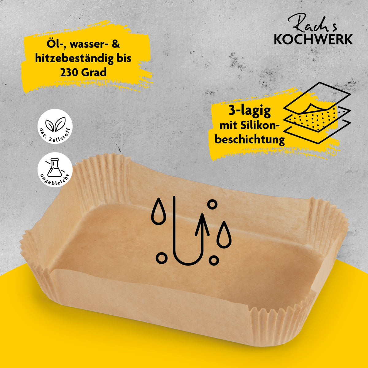 Backpapierschalen für Heißluftfritteusen 2er-Set, öl-, wasser- & hitzebeständig bis 230°C, 3-lagig mit Silikonbeschichtung, 100 Stück.