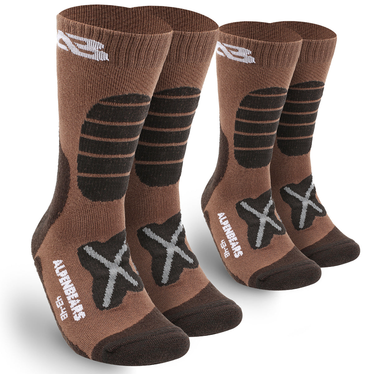 Wandersocken Merino Wolle - 2er-Set - Braun - Größe 39-42, gepolstert, atmungsaktiv, faltenfrei für Wanderungen und Alltag.