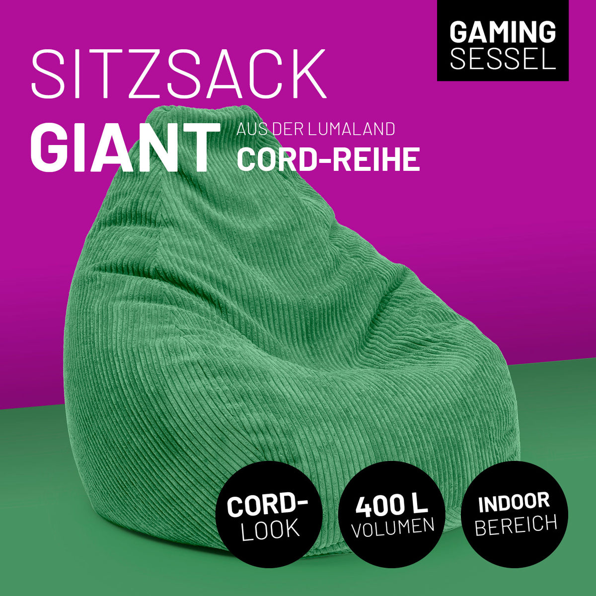 Sitzsack GIANT aus der Cord-Reihe - Dunkelgrün mit kuscheligem Cordbezug, 400 Liter Volumen und modernem Boho-Design für den Indoor-Bereich.